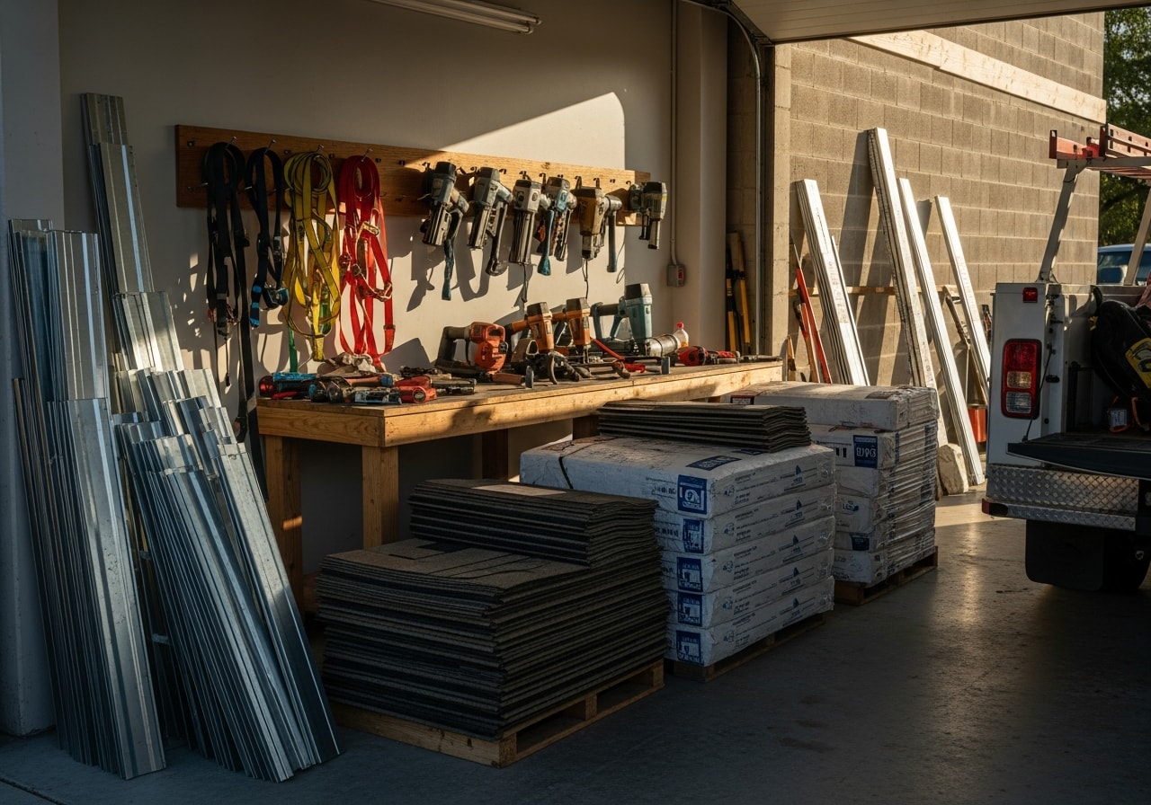 Roofing crew and equipment on a commercial building site, showcasing professional tools and materials ready for installation.