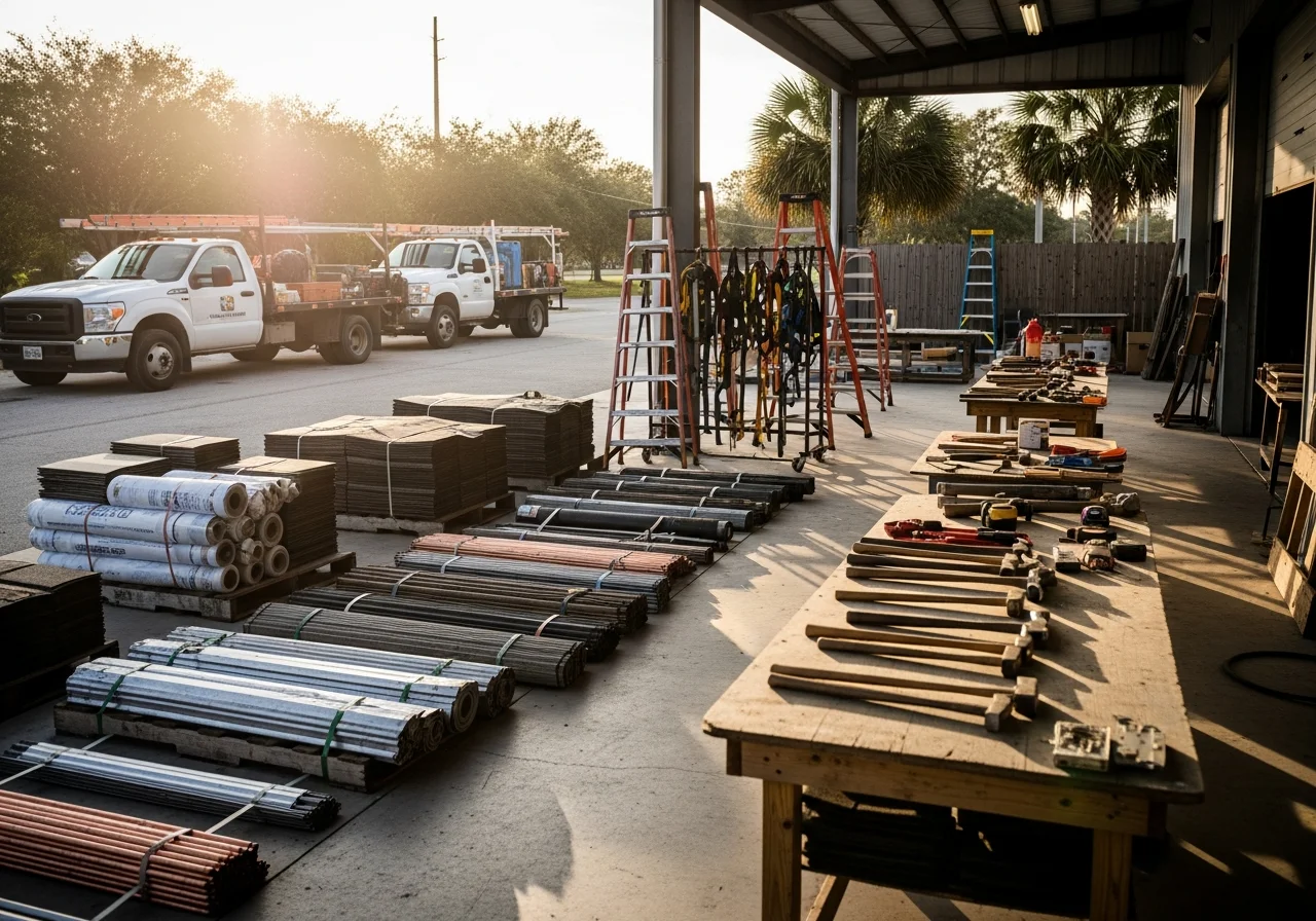 Roofing crew and equipment on a residential or commercial job site, showcasing tools and materials ready for installation or repair work.
