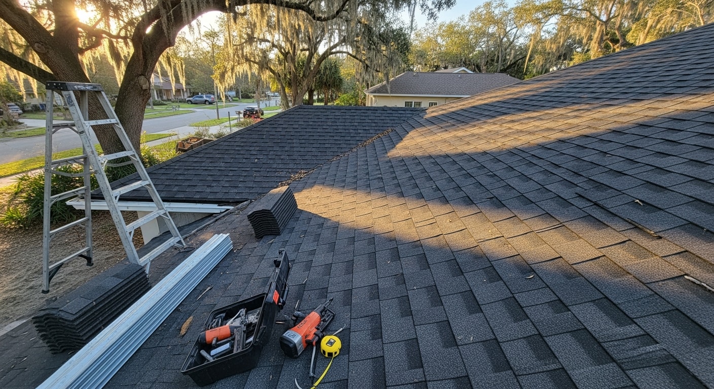 Professional roofing contractor installing commercial roof system