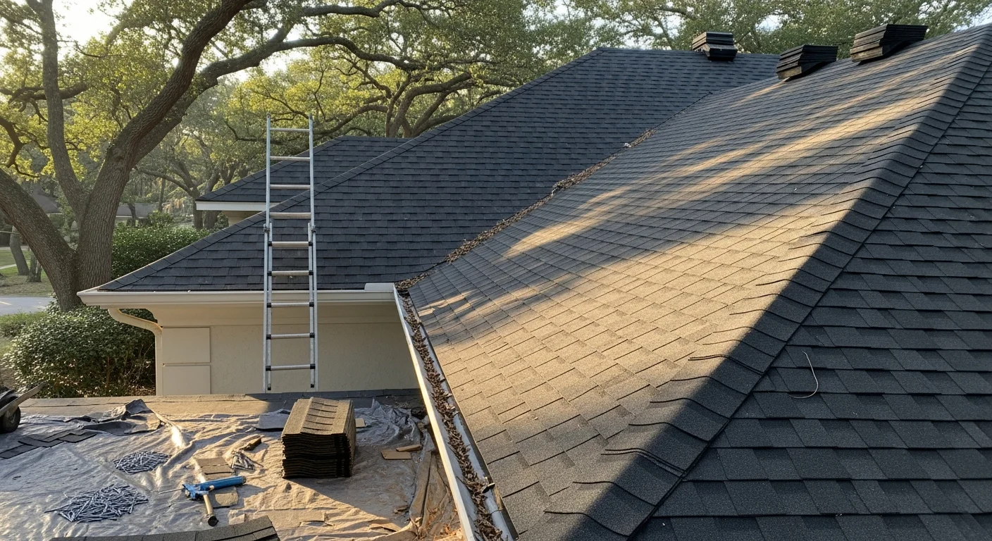 Professional roofer installing residential shingle roof on home in Ponte Vedra, Florida