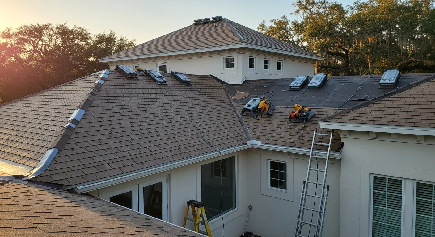 Roofer inspecting storm damage to residential roof in Jacksonville, Florida