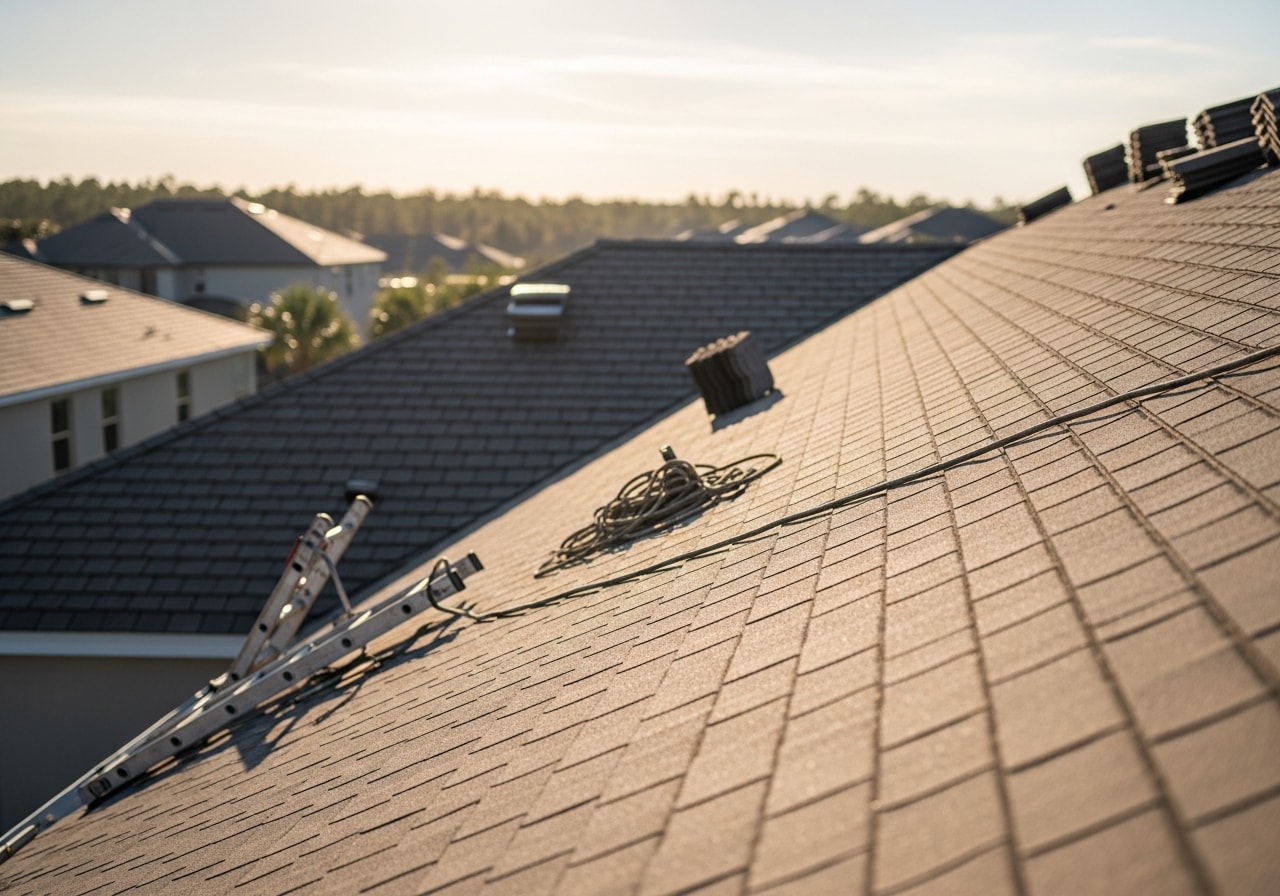 Architectural asphalt shingle roof installed on townhome in Nocatee