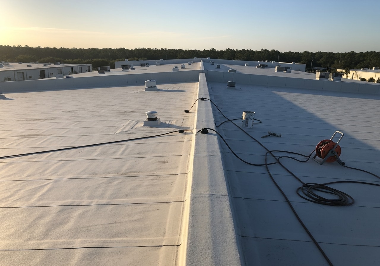 Elastomeric roof coating applied to flat commercial warehouse roof in St. Johns County