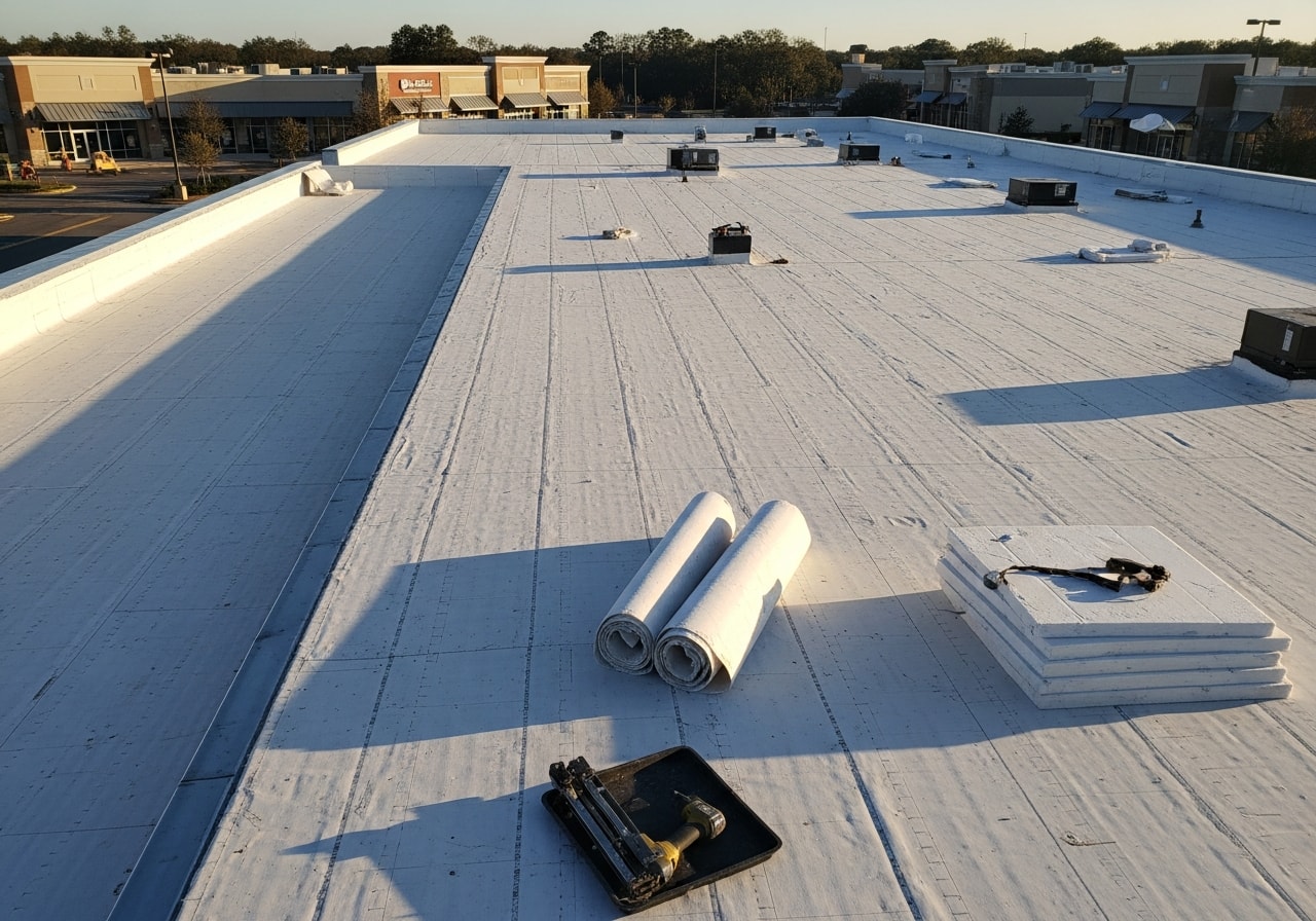 TPO roofing membrane installation on commercial strip center in Jacksonville