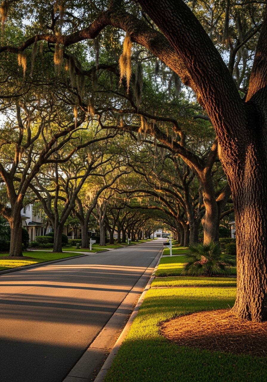Established Ponte Vedra residential street lined with oak trees and upscale homes set back from the road.