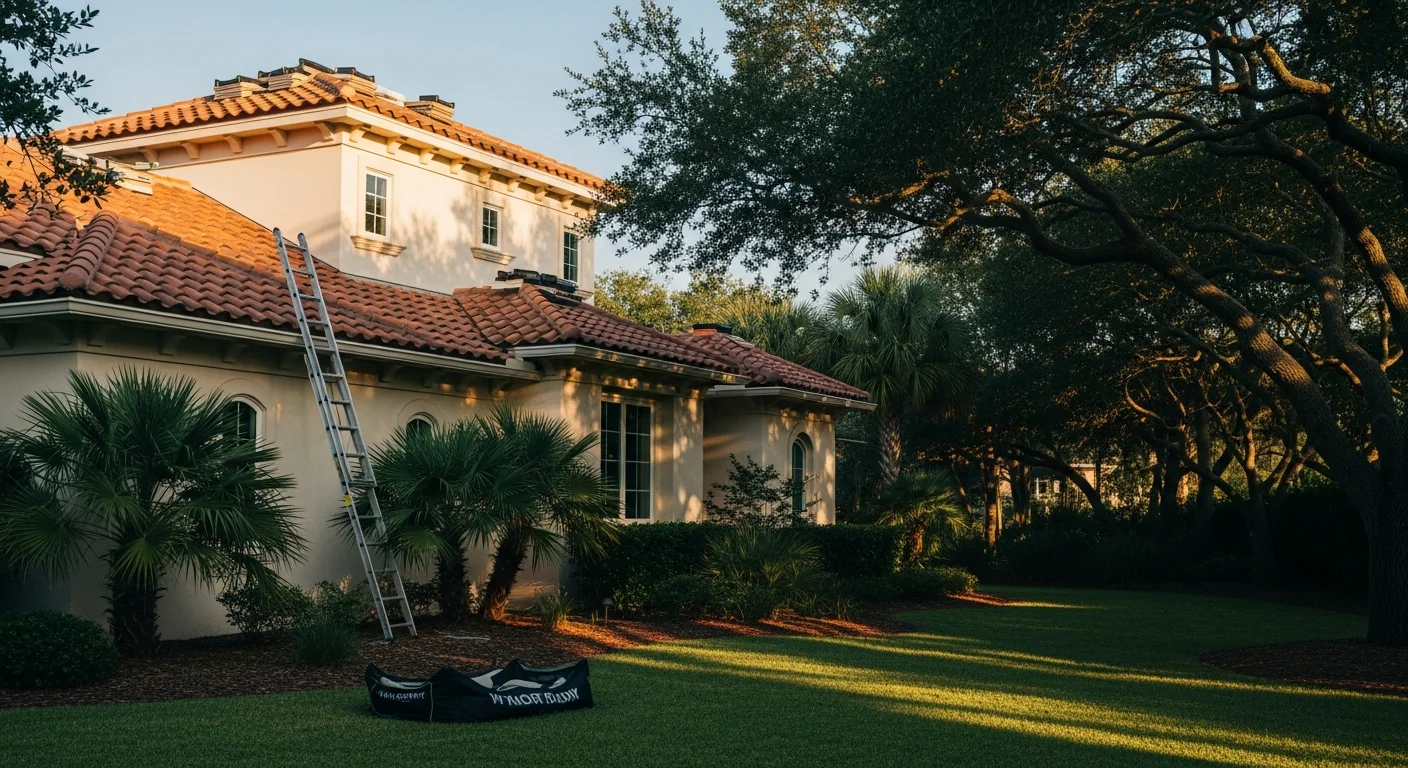Upscale Ponte Vedra home with manicured landscaping and coastal architectural details visible in afternoon light.