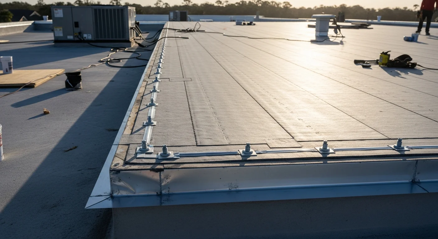 A completed flat commercial roof installation on a Ponte Vedra, FL office building, showing heat-welded membrane seams and corrosion-resistant metal edge flashing. The finished system is viewed from ground level against a clear coastal sky.