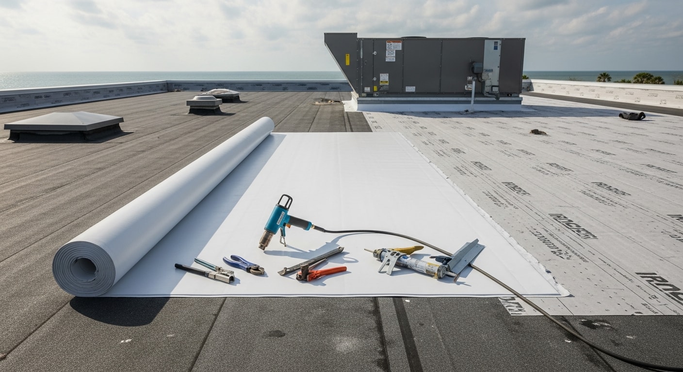 A completed commercial flat roof installation on a low-slope office building in Ponte Vedra, FL, showing a clean membrane surface with finished flashing details along the parapet edge. The coastal surroundings and clear Florida sky are visible in the background.