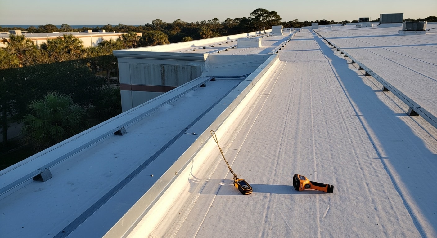 Wide-angle view of a large commercial warehouse flat roof in Ponte Vedra, FL, showing a low-slope membrane surface with drainage points and rooftop mechanical equipment. A building contractor from 123 cbc, inc inspects the roof edge and flashing detail against a clear Florida sky.