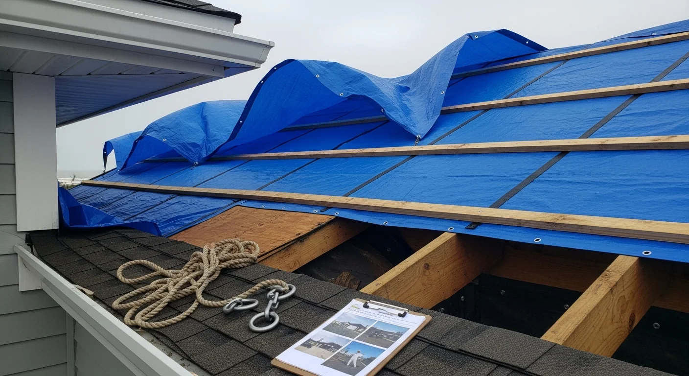 A storm-damaged residential roof in Ponte Vedra, FL covered with a secured heavy-duty blue tarp after wind and rain stripped away shingles. A restoration crew member inspects the fastened edges of the tarp from the ground following a tropical storm.