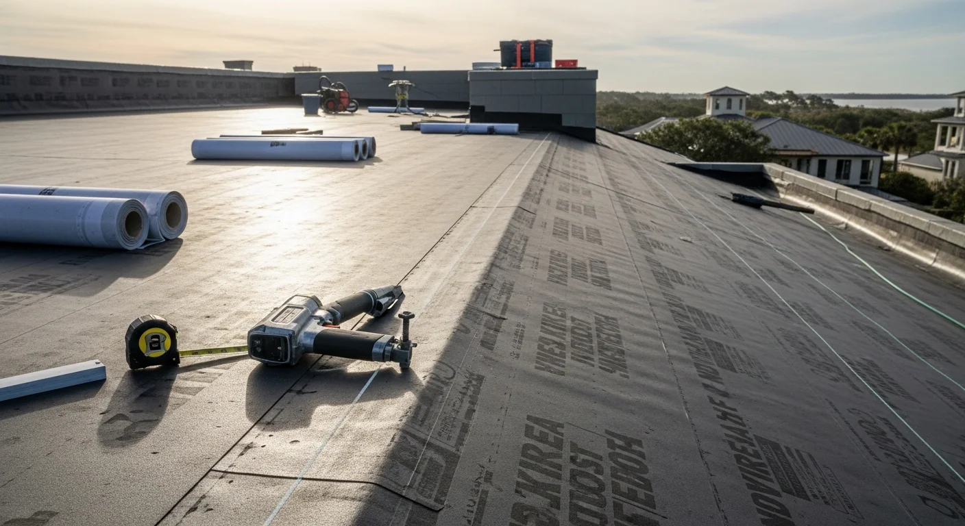 A completed flat roofing installation on a commercial building in Ponte Vedra, FL, showing a smooth membrane surface with visible drainage points and clean edge terminations. The coastal sky and surrounding low-rise commercial structures are visible in the background.