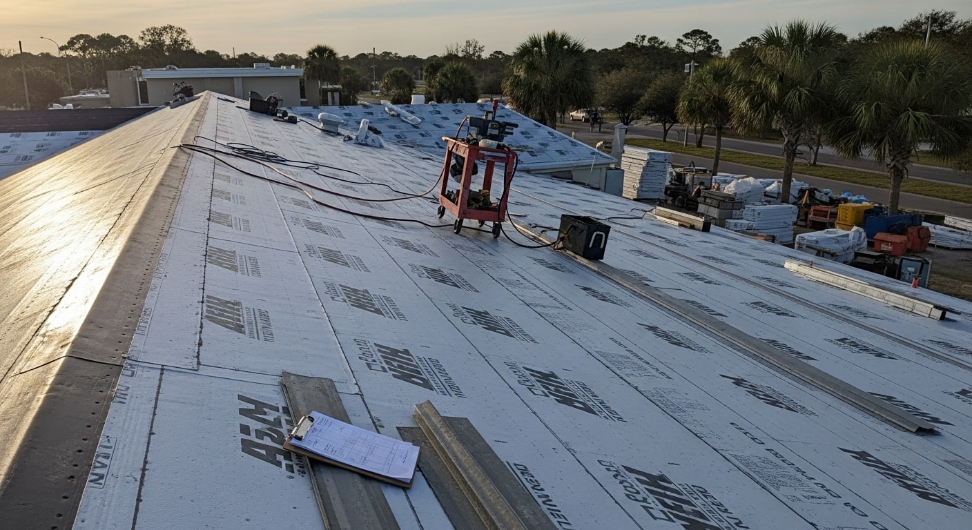A completed flat roofing system on a commercial building in Ponte Vedra, FL, showing a smooth membrane surface with roof drains and HVAC equipment in place. The coastal sky and surrounding low-rise commercial structures are visible in the background.