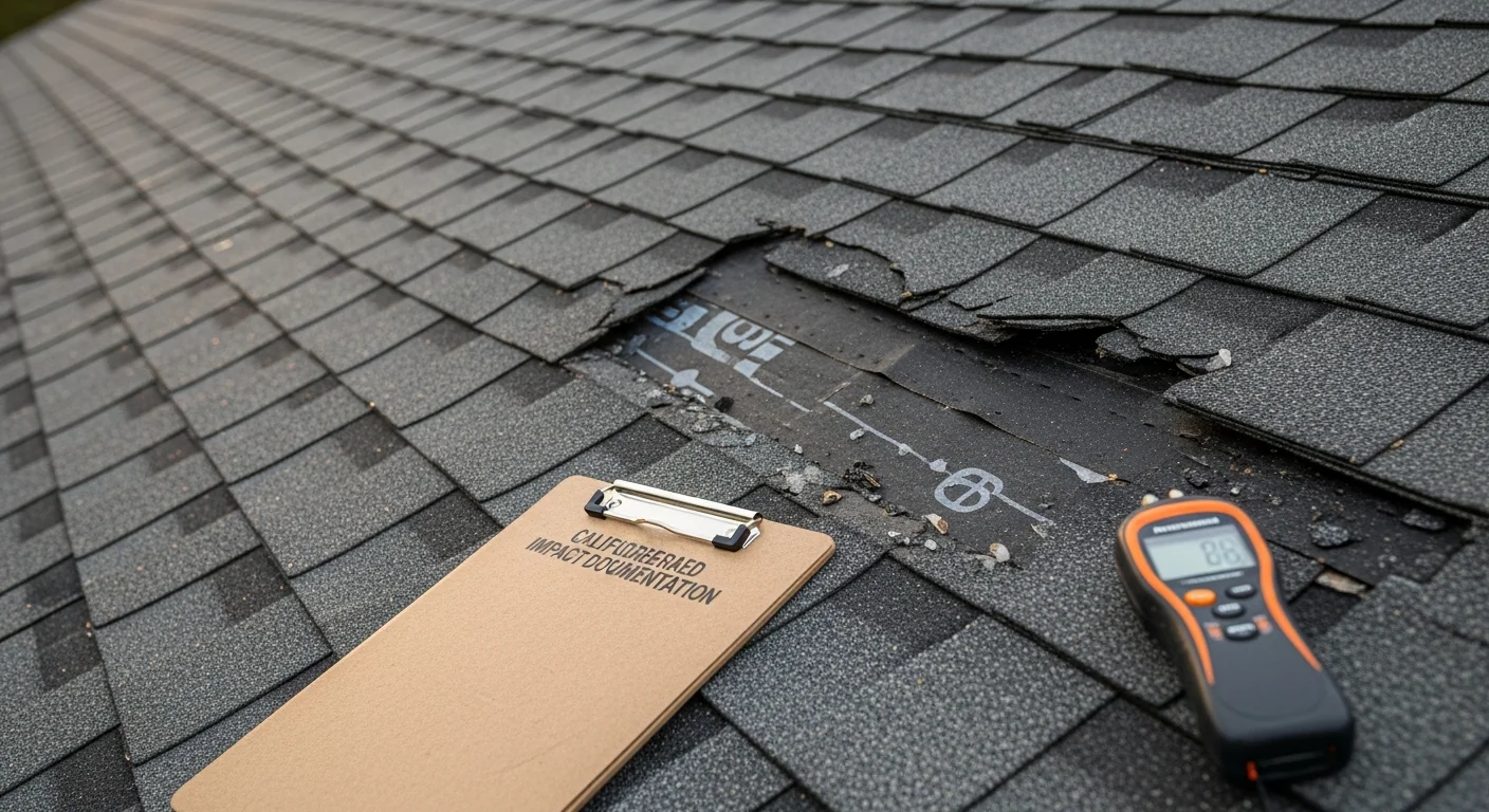 Close-up of hail impact damage on a residential roof in Ponte Vedra, FL, showing cracked shingles and granule loss along the eave line. A storm damage restoration technician from 123 cbc, inc documents the damage during a post-storm inspection.