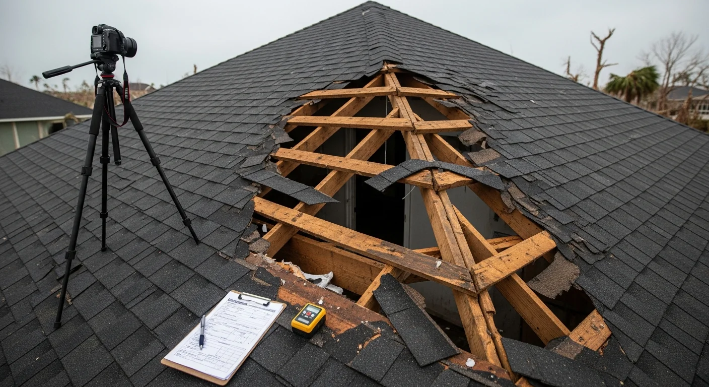 A 123 CBC, Inc. technician photographing wind-damaged roof shingles and a storm-breached soffit on a Ponte Vedra, FL residential home after a tropical storm. Close-up view shows exposed roof decking and water staining along the interior ceiling below the damaged area.