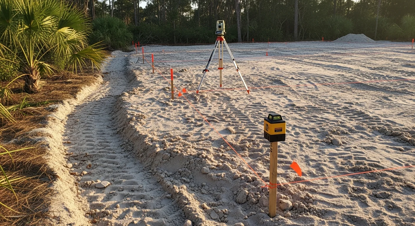 A graded and cleared residential development lot in Ponte Vedra, FL with exposed soil prepared for foundation work and a tree line visible at the parcel boundary. Site shows level ground and defined drainage contours ready for new construction.