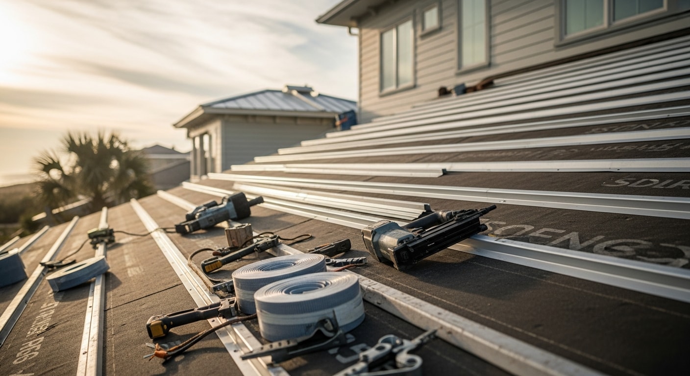 Newly installed metal roof on a residential home in Ponte Vedra, FL, showing standing seam panels and sealed ridge line. Coastal residential neighborhood visible in the background under a partly cloudy Florida sky.