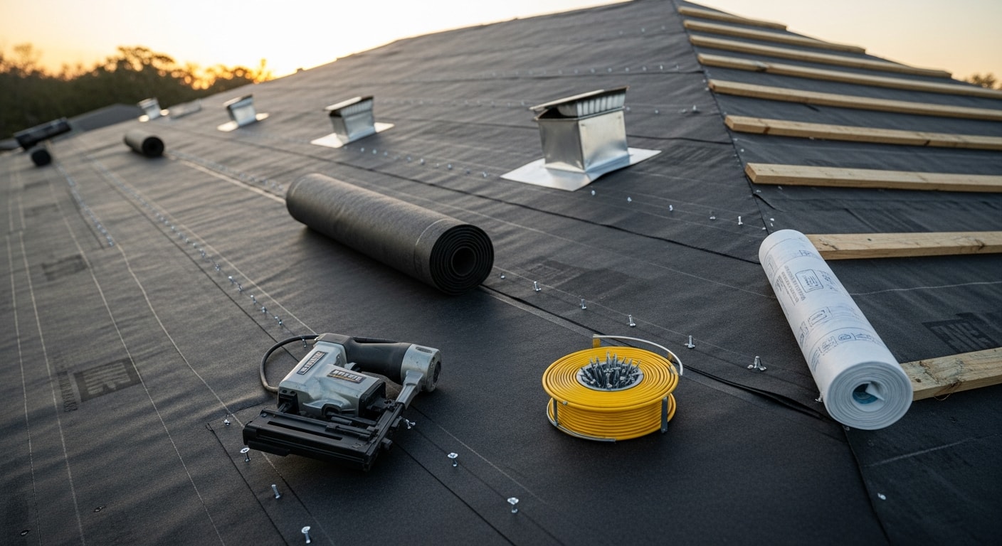 New construction roofing installation on a residential home in Ponte Vedra, FL, showing fresh tile and metal flashing details on a framed roof deck with coastal sky in the background. A building contractor crew from 123 cbc, inc works on the roof structure during the framing and sheathing stage of a new home build.