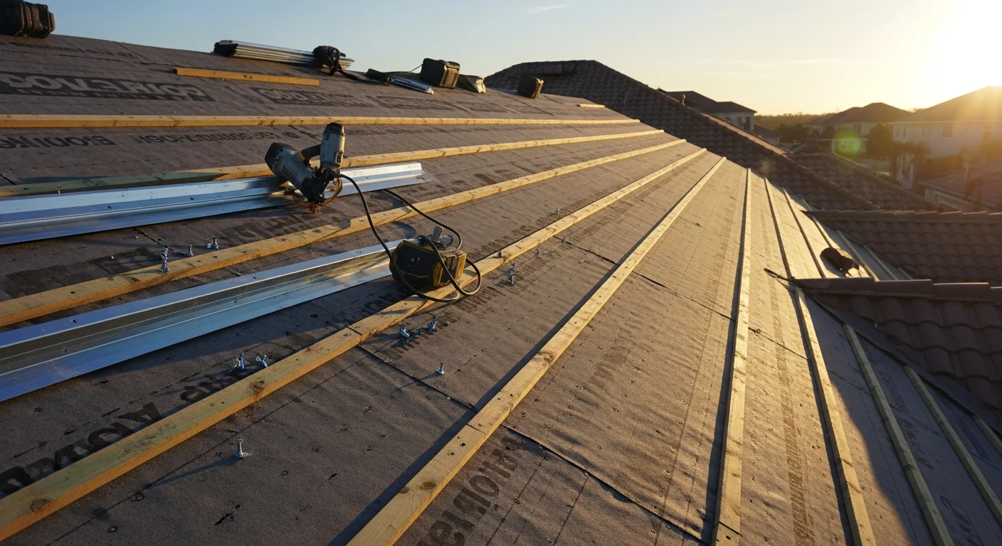 New construction roof installation on a residential home in Ponte Vedra, FL, showing completed underlayment and flashing before finish roofing is applied. Coastal St. Johns County neighborhood visible in the background.