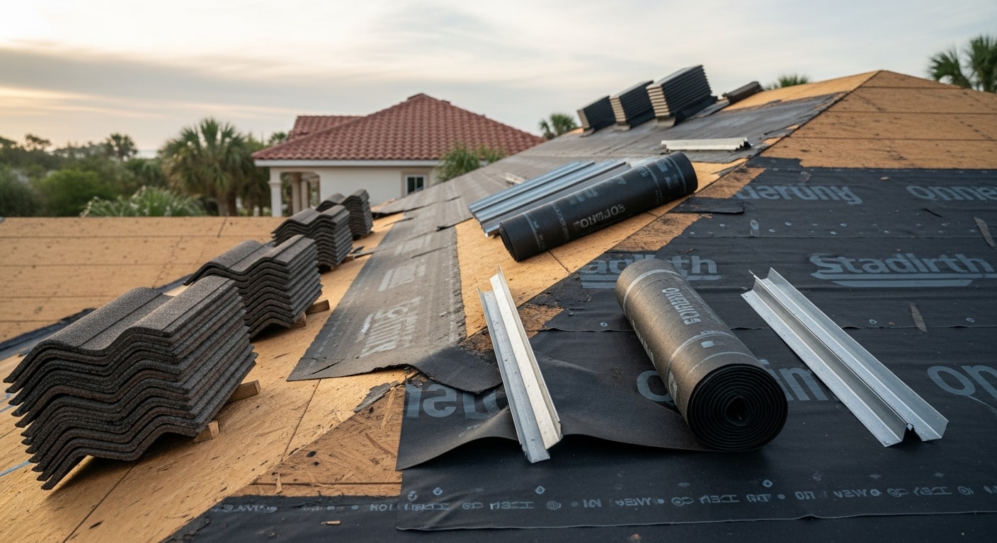 A completed residential roof replacement on a single-family home in Ponte Vedra, FL, showing new roofing material installed over a coastal property with visible ridge venting and clean flashing at the eaves. The surrounding landscape reflects the area's humid, Atlantic-coast environment.