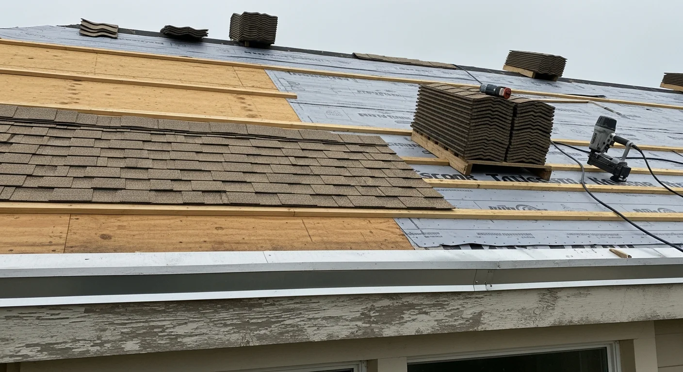 A completed residential roof replacement on a single-family home in Ponte Vedra, FL, showing new roofing installed over a coastal property with clear blue sky overhead. Fresh flashing is visible around roof penetrations, with the surrounding neighborhood visible in the background.