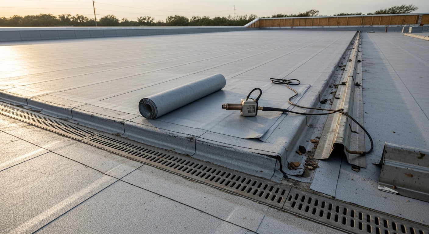 Flat commercial roof on a retail building in Ponte Vedra, FL, showing a completed low-slope membrane installation with sealed seams and roof drainage outlets. Coastal sky and palm vegetation visible in the background.