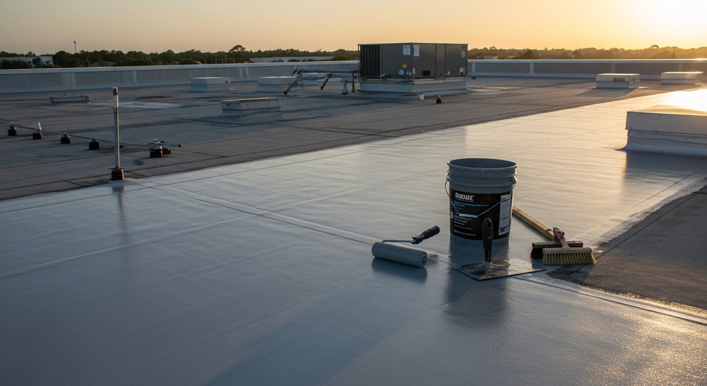 A freshly coated flat roof on a commercial building in Ponte Vedra, FL, showing a smooth, light-colored reflective surface after professional roof coating application. The surrounding coastal environment and clear Florida sky are visible in the background.