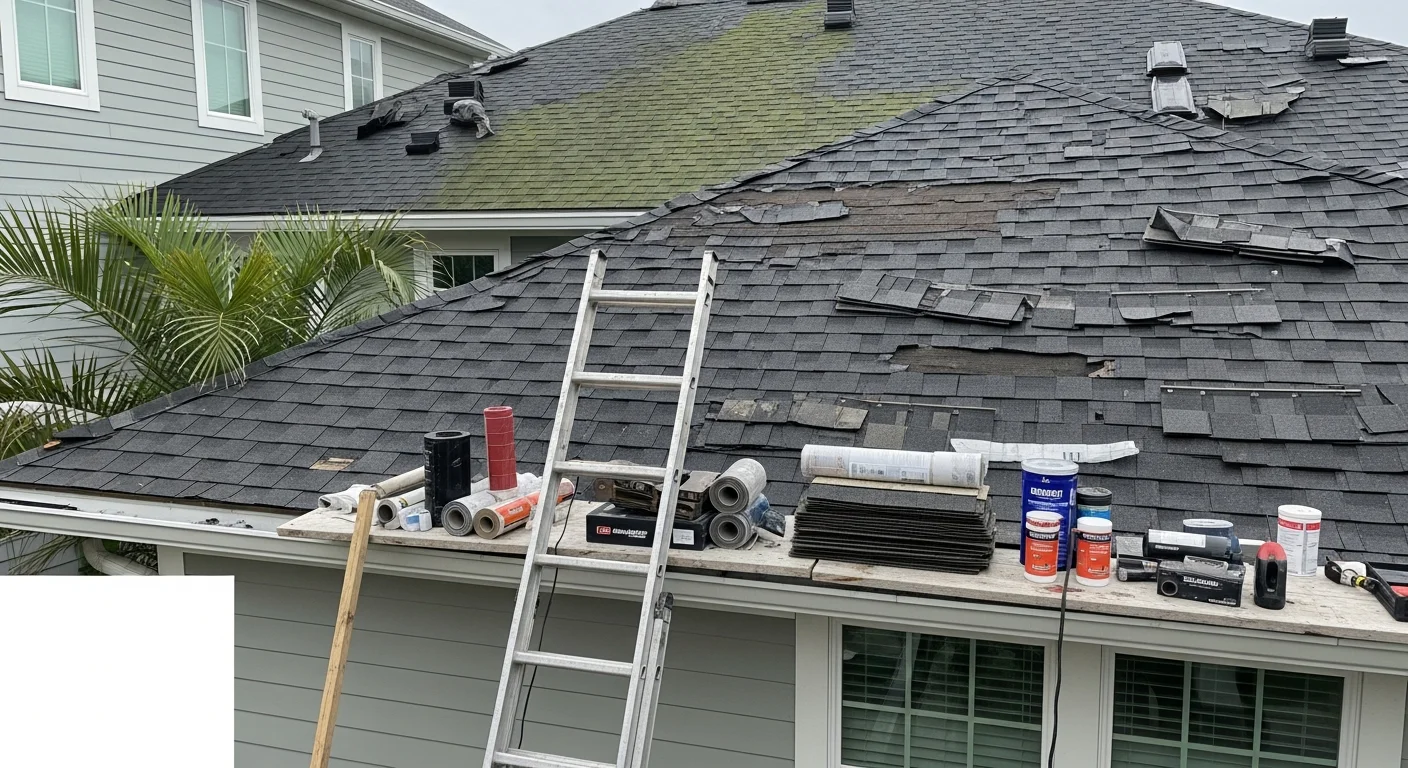 A roofing contractor repairing damaged shingles on a residential home in Ponte Vedra, FL, with visible flashing work around a roof vent. The coastal Florida neighborhood is visible in the background.