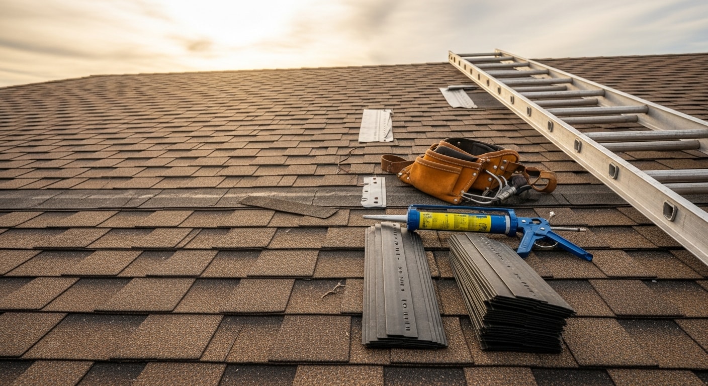 A roofing contractor repairing lifted shingles and corroded flashing on a residential home in Ponte Vedra, FL. The coastal home shows typical storm and salt-air wear along the roof edge and valley sections.