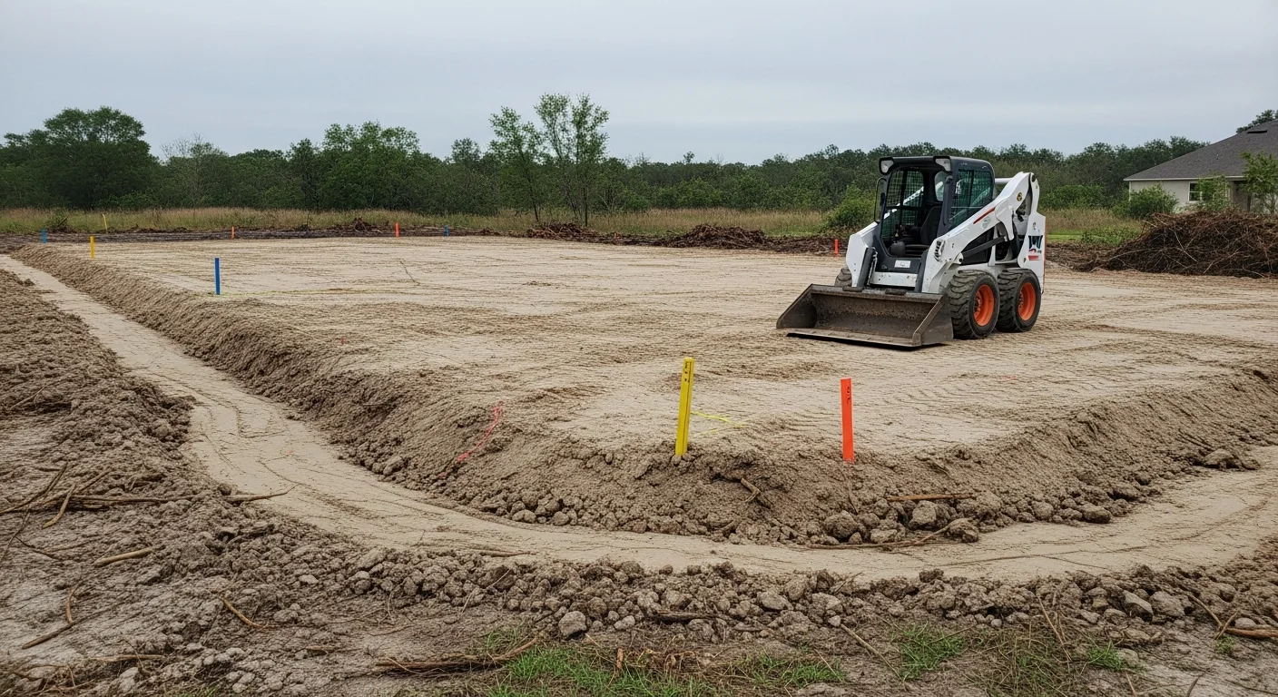 A cleared and graded residential lot in Ponte Vedra, FL with a level build pad and visible drainage slope ready for foundation work. Heavy equipment tracks mark the freshly graded sandy soil on a sunny Northeast Florida day.