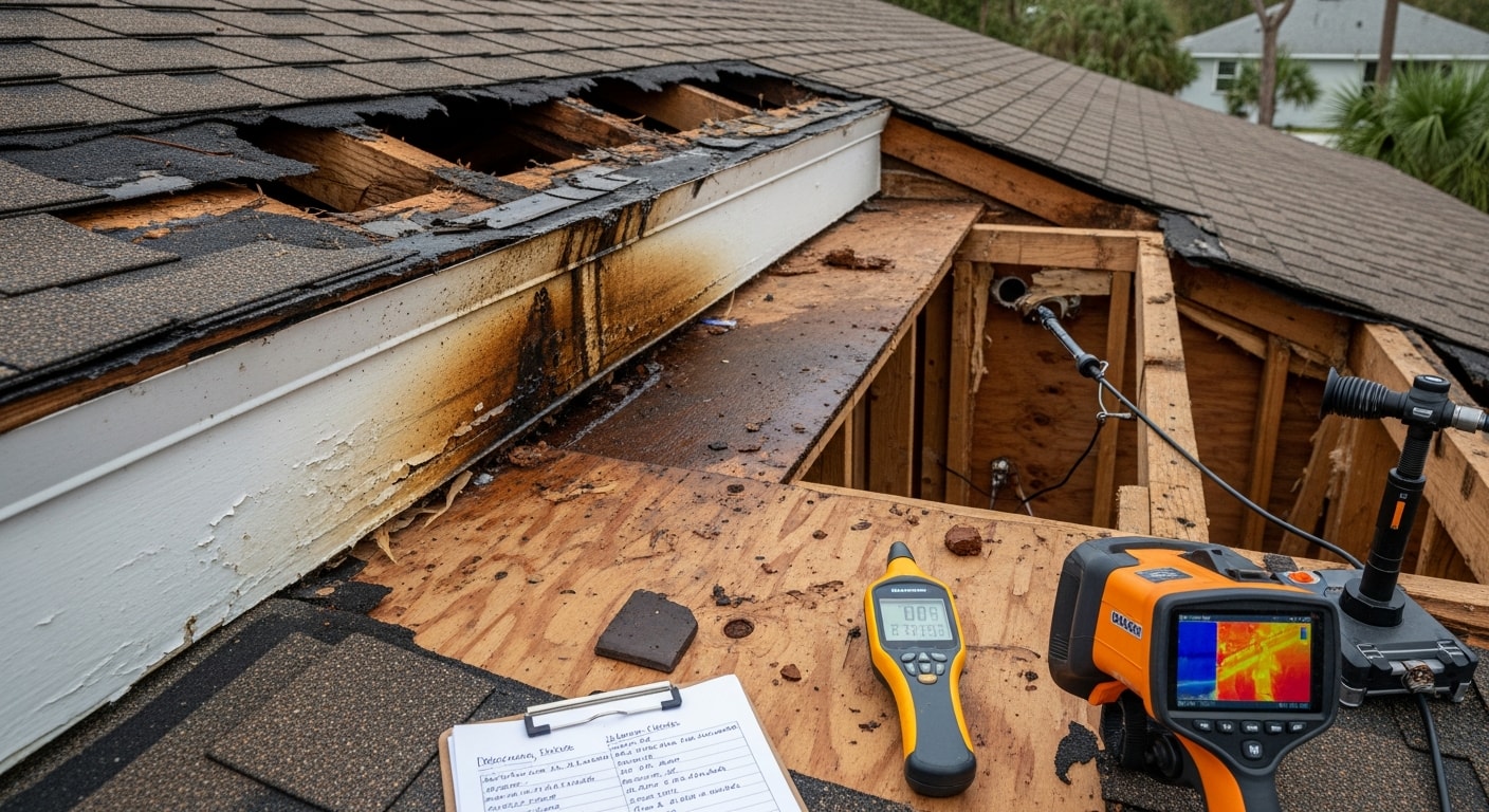 A Ponte Vedra, FL residential property showing completed storm damage repair work on the roof and exterior siding after a tropical storm. The repaired roofline and restored exterior walls are visible against a clear sky.