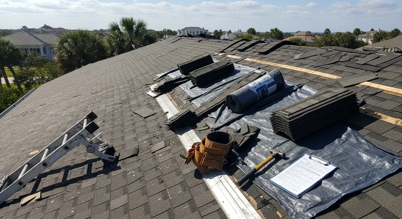 A Ponte Vedra, FL residential roof showing repaired shingles and sealed flashing after hurricane wind damage. Storm debris has been cleared and the repaired roof section is visible against the coastal Florida sky.